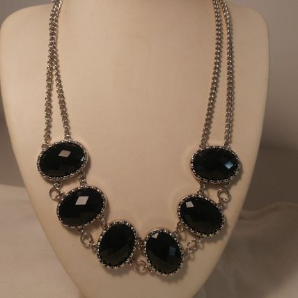Silver Bib Necklace Black Oval Facets Double Cable Chain Fashion Necklace 20"
