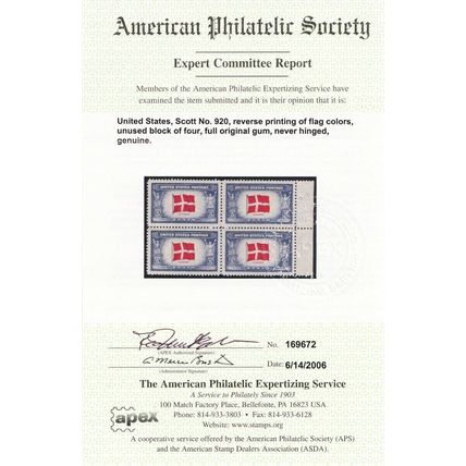 920a, Reverse Printing of Flag Colors VF NH With APS Certificate .. Stuart Katz