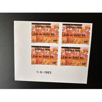 Burkina Faso 1984 Mi. C975 ND IMPERF bloc 4 daté variété 2 Aide Sahel surchargé