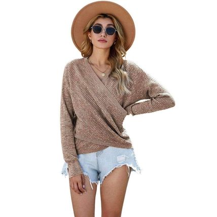 Khaki Deep V-neck Long Sleeve Knit Sweater
