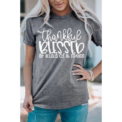 Gray BLESSED Letter Graphic Print Crew Neck T Shirt