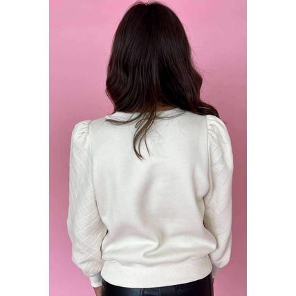 White Solid Puff Sleeve Round Neck Pullover Sweatshirt