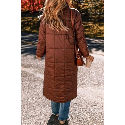 Coffee Quilted Puffer Stand Neck Zipped Mid-length Coat