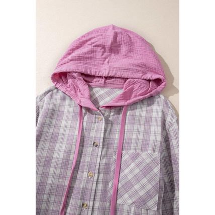 Pink Checkered Print Loose Fit Buttoned Hooded Shacket