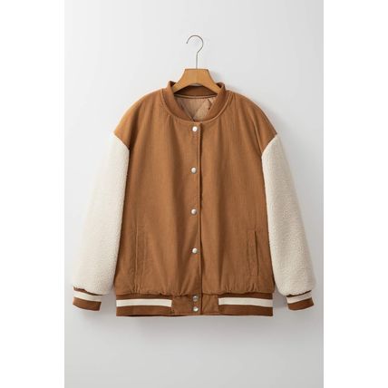 Buckskin Corduroy Fleece Patchwork Buttoned Bomber Jacket