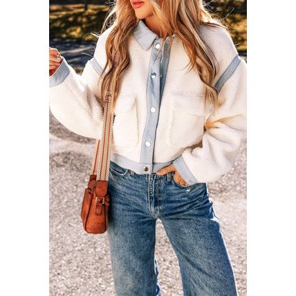 White Contrast Trim Buttoned Sherpa Jacket
