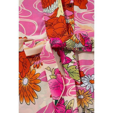 Pink Floral Allover Print Open Front Belted Duster Kimono