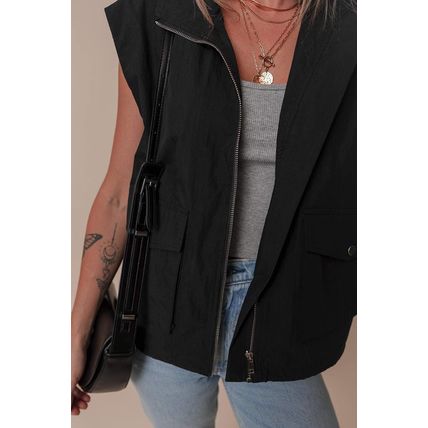 Black Flap Pockets Zip Up High Neck Vest