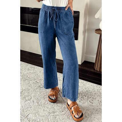 Sail Blue Mineral Wash Drawstring Waist Loose Straight Denim Pants