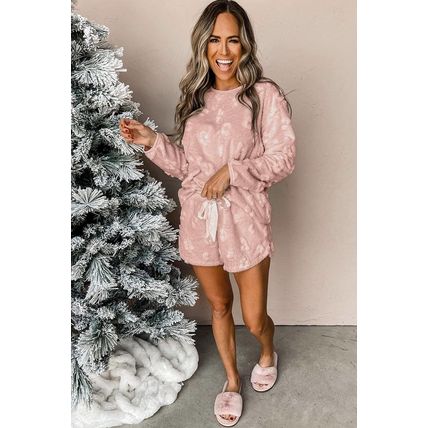 Light Pink Textured Leopard Fleece Loose Two Piece Lounge Set