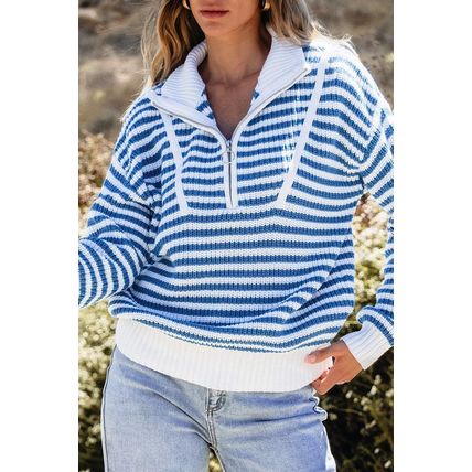 Sky Blue Stripe Zip up Collar Drop Shoulder Sweater