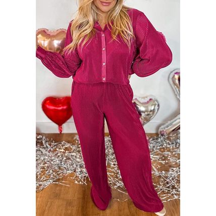 Rose Red Plus Size Ribbed Long Sleeve Shirt and Pants Pajama Set