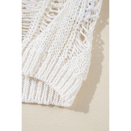 White Cut Out Crochet Crew Neck Loose Fit Sweater