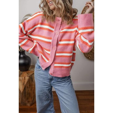 Pink Stripe Drop Shoulder Buttons Cardigan Sweater