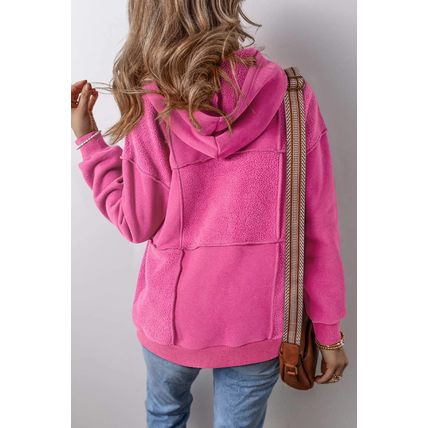 Pitaya Pink Mineral Wash Terry Patchwork Drawstring Hoodie
