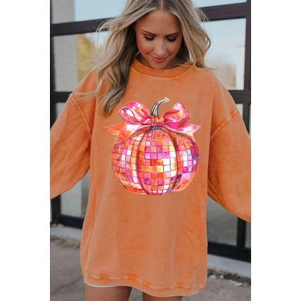 Orange Bow Pumpkin Graphic Crewneck Corded Thanksgiving Sweatshirt