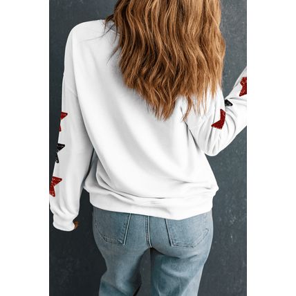 Beige Sequined Touch Down Graphic Star Drop Shoulder Sweatshirt