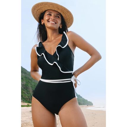 Black Color Contrast Ruffled Wrap V Neck Swimsuit
