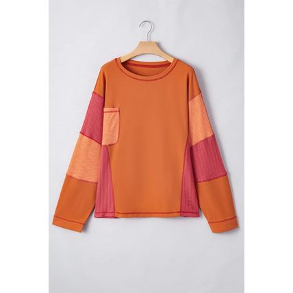 Orange Textured Knit Color Block Patchwork Chest Pocket Plus Size Top