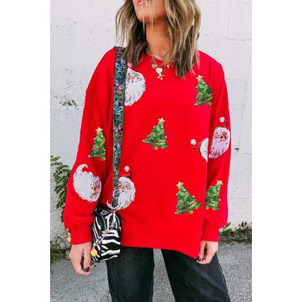 Red Santa Claus Christmas Tree Patched Pattern Drop Shoulder Sweatshirt