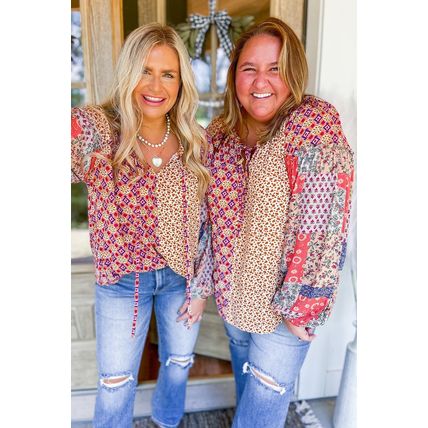 Orange Mixed Floral Printed Long Sleeve Tied V Neck Blouse