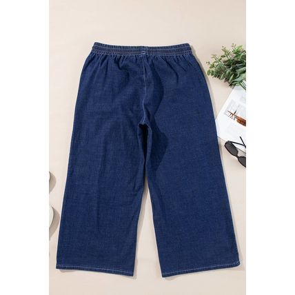 Real Teal Plus Size Drawstring High Waist Wide Leg Casual Jeans