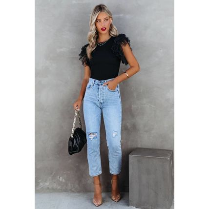 Black Dotty Mesh Ruffle Sleeve Ribbed Knit Top