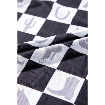 Black Checkerboard Western Elements Printed Mesh Long Sleeve Top