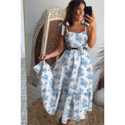 Sky Blue Floral Print Shirred Knot Shoulder Sleeveless Long Dress