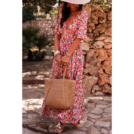 Red Floral Half Sleeve Deep V Neck Cutout Back Split Maxi Dress