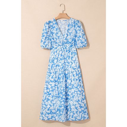 Sky Blue Floral V Neck Puff Short Sleeve Flowy Long Dress