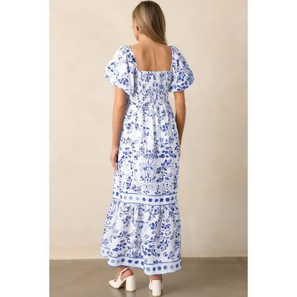 Sky Blue Floral Print Square Neck Bubble Sleeve High Waist Maxi Dress