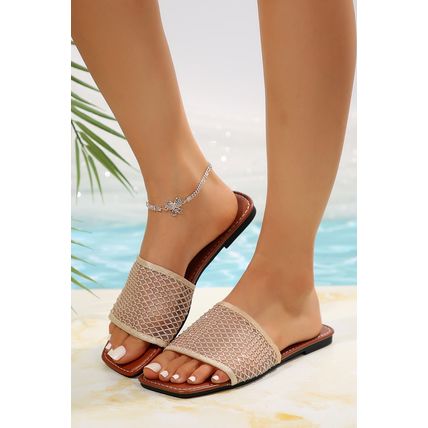 Beige Rhinestone Mesh Square Toe Flat Slippers