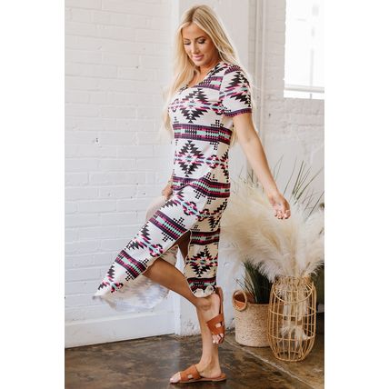 Beige Western Aztec Printed Long T-shirt Dress