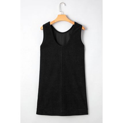 Black Corduroy Sleeveless Mini Dress With Patched Pockets