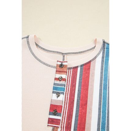Beige Striped Waffle Patchwork Exposed Seam Raw Edge Casual Knit Top
