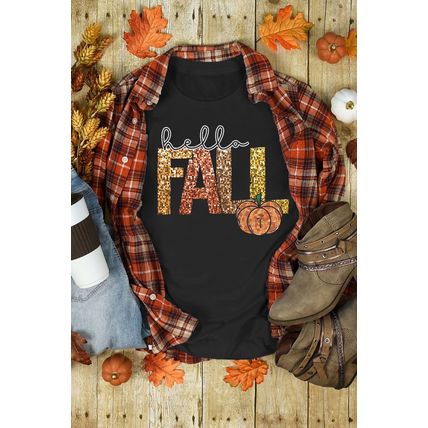 Black Hello Fall Letter Pumpkin Printed Thanksgiving T Shirt