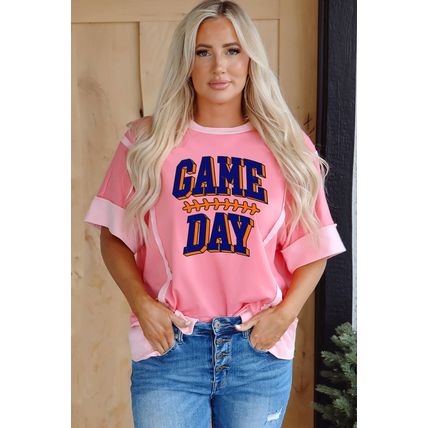 Peach Blossom Raw Seam Patchwork GAME DAY Letter Graphic Loose Tee