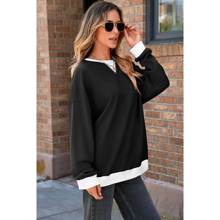Black Contrast Ribbed Color Block Patchwork Baggy Sweatshirt
