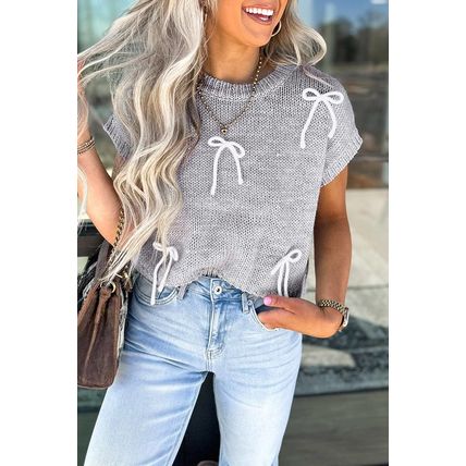 Light Grey Bowknot Applique Cap Sleeve Sweater