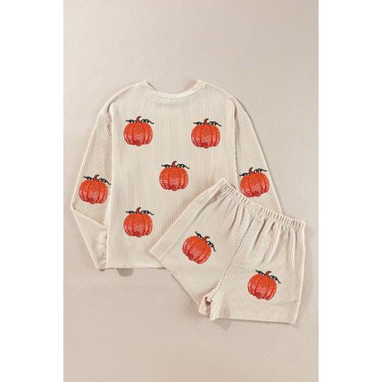 Parchment Twisted Rib Sequin Pumpkin Patched Long Sleeve Pullover and Shorts Set