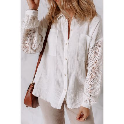 White Cotton Gauze Lace Patchwork Long Sleeve Shirt