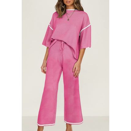 Bright Pink Contrast Trim Half Sleeve Top Drawstring Pants Loose 2pcs Sweater Su