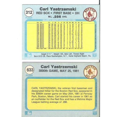 Two 1982 Fleer Carl Yastrzemski baseball cards-312, 633- NM-HOF-Red Sox