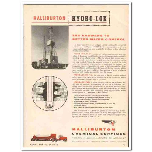 HALLIBURTON OIL WELL CEMENTING 1959 Hydro-Lok water control vintage ad