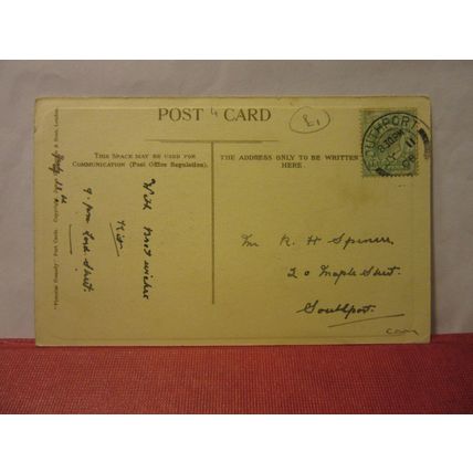 WHO CARES', lovers in rain used antique postcard 1908 pm J. Henderson. /