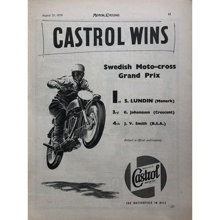 CASTROL WINS SWEDISH MOTO CROSS S LUNDIN 1958 VINTAGE MOTORCYCLE OIL ADVERT