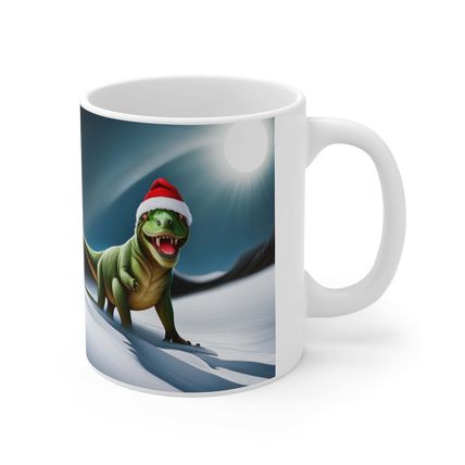 Personalized Dinosaur Raptor Rocks Christmas Santa Red Hat Ceramic Mug 11oz Desi
