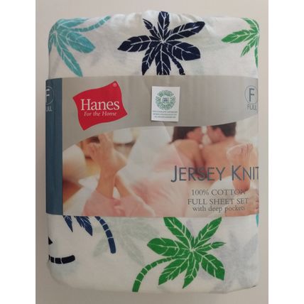 NOS HANES JERSEY KNIT 100% COTTON BREEZY BABY PALM FULL SHEET SET w DEEP POCKETS
