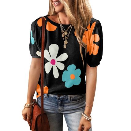 Black Flower Print Bubble Sleeve Tee